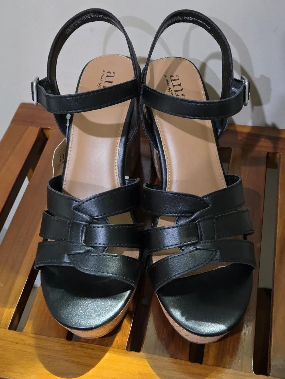 a.n.a Billie Black Strappy Cork Wedge Sandals Size 10 NEW